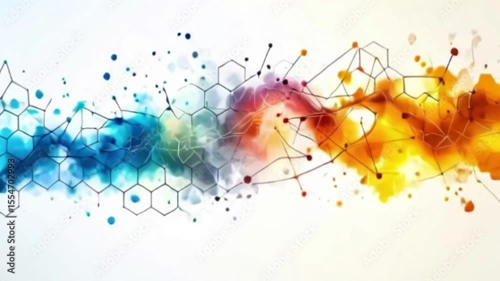 Abstract watercolor design with hexagonal grid and interconnected lines