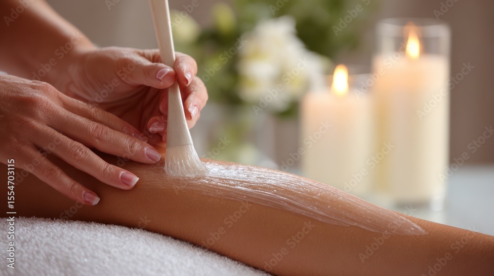 Naklejka premium Relaxing skin care beauty treatment spa location hand application calm environment close-up viewpoint