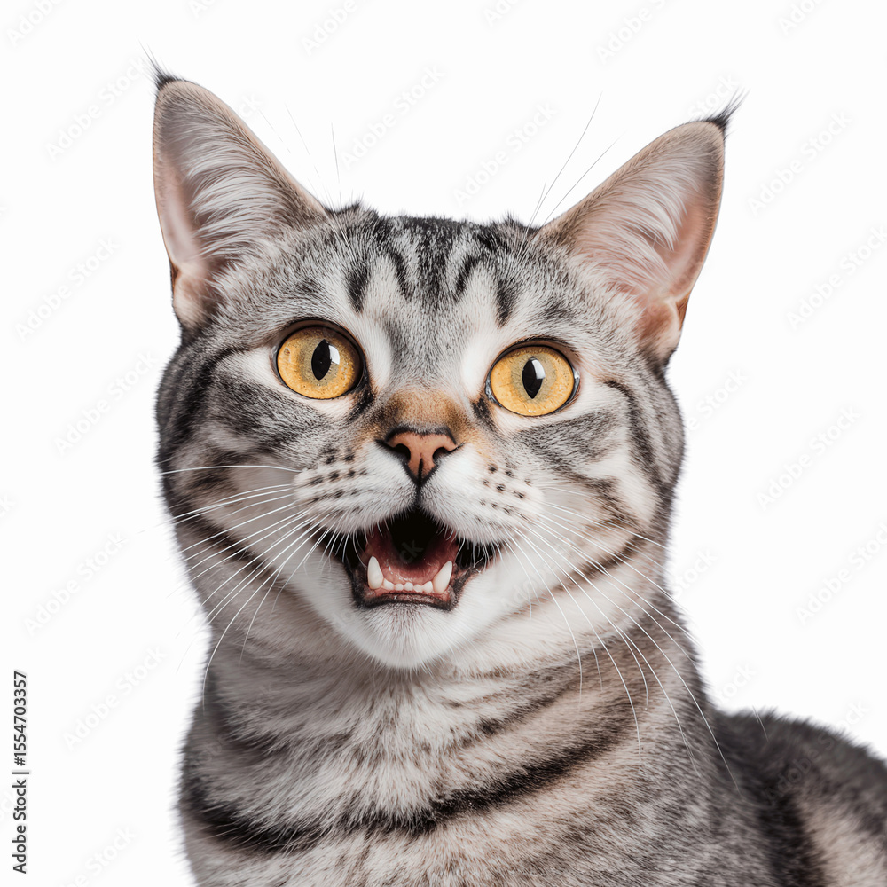 Fototapeta premium Happy Cat Portrait: A captivating close-up captures the endearing charm of a domestic cat, showcasing its expressive face and adorable features.
