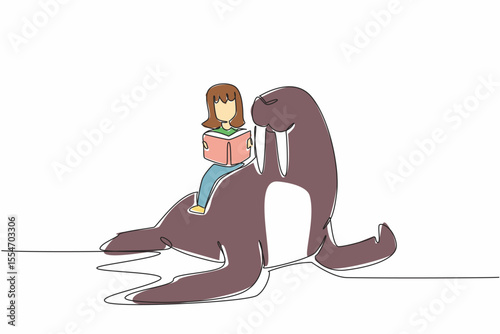 Single continuous line drawing girl reading book on cute walrus. Cultivate interest in reading. Achieve intelligence. The nerd. Girl Reading Book at Animal Back. One line design vector illustration
