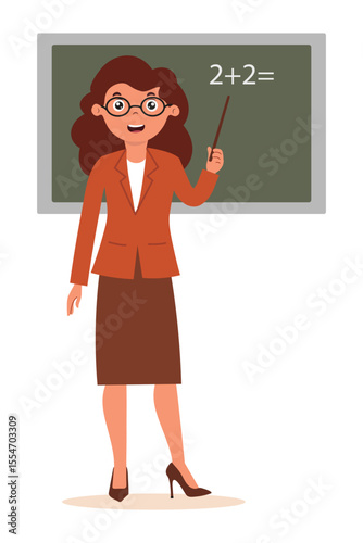 Teacher explaining basic arithmetic in class during math lesson. Cartoon character of female teacher in flat style on white background.