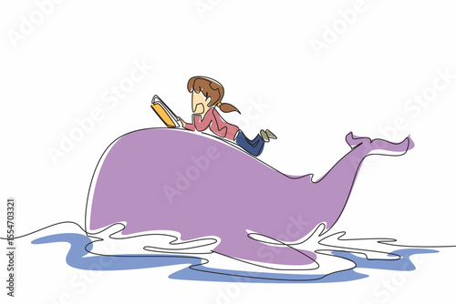 Continuous one line drawing the young girl reading book on cute whale swimming. Alone observing whale habits from books. Girl Reading Book at Animal Back. Single line draw design vector illustration