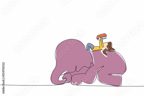 Single continuous line drawing girl reading a book on cute elephant lying down. Study while lying on the back. Education anywhere. Girl Reading Book at Animal Back. One line design vector illustration