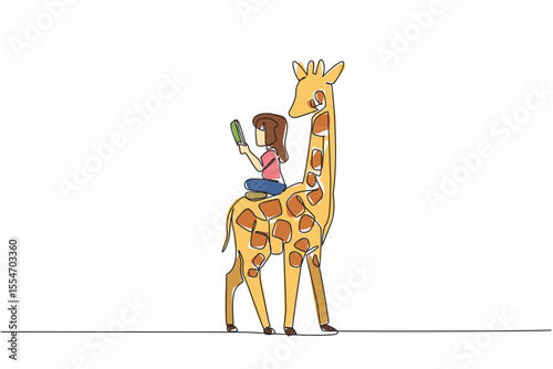 Single one line drawing girl reading book on cute giraffe. Read about the tallest living land animal. Increase knowledge. Girl Reading Book at Animal Back. Continuous line design graphic illustration