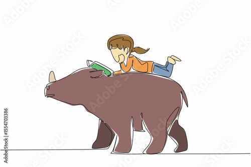 Continuous one line drawing girl reading book on cute rhinoceros. Reading about the benefits of rhinos to nature. Nerd. Girl Reading Book at Animal Back. Single line draw design vector illustration