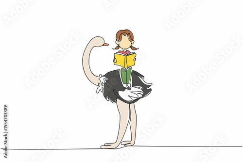 Single continuous line drawing young girl reading book on cute ostrich. Read about the uniqueness and specialness of ostriches. Girl Reading Book at Animal Back. One line design vector illustration