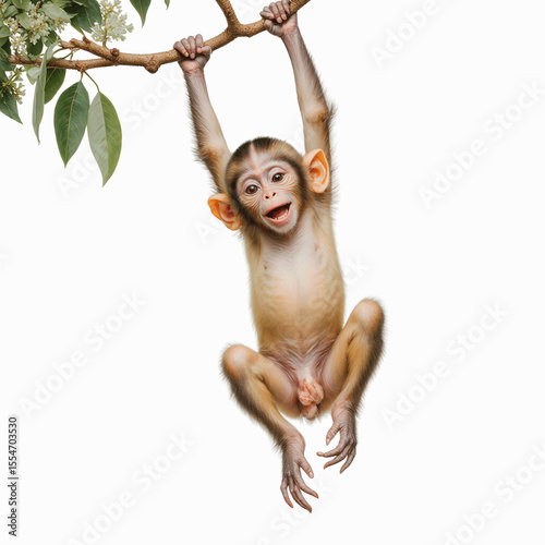 Playful Monkey: A young monkey clings joyfully to a tree branch. Its eyes sparkle with curiosity and merriment. This image captures the vibrant energy and playful nature of this unique creature.
