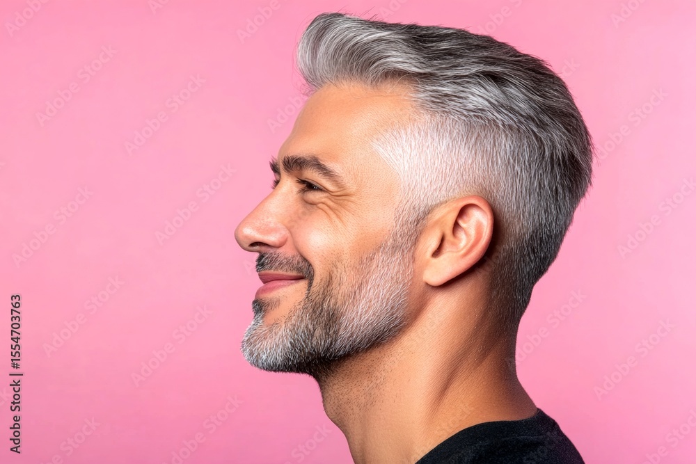 Visual idea of style for aging men. Pink solid background. Classy men's low fade haircut - midlife middle eastern man with middle hair. A modern and happy gentleman enjoying his moment. Visual idea of style for aging men. Pink solid background. Classy men's low fade haircut - midlife middle eastern man with middle hair. A modern and happy gentleman enjoying his moment.