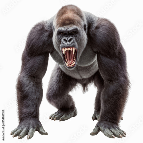 Fierce Gorilla: A close-up shot of a powerful gorilla, its mouth agape in a display of raw intensity, as it stares directly into the camera. Capturing raw power and untamed spirit