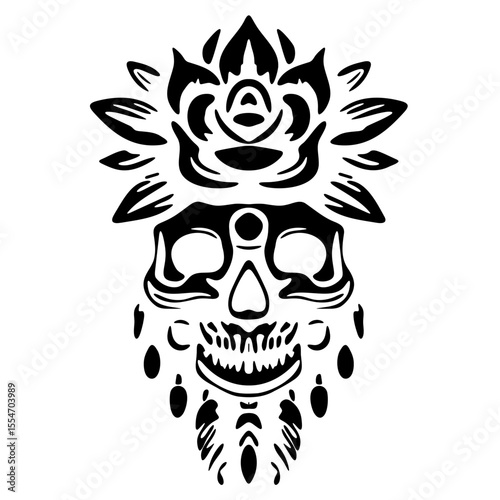 A silhouette of a skull adorned with a single flower, symbolizing the contrast between life and death.