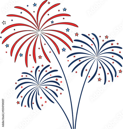 Festive red white and blue fireworks explode with stars on a white background