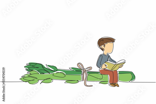 Single one line drawing boy reading on asparagus tied with string. Read antioxidant content found in asparagus. Boy Reading Book at Vegetables and Fruits. Continuous line design graphic illustration