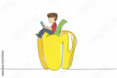 Single continuous line drawing boy reading on peppers. Learn the theory of how to become a profitable paprika farmer. Boy Reading Book at Vegetables and Fruits. One line design vector illustration
