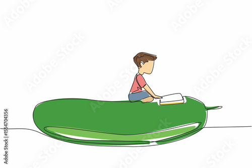 Continuous one line drawing boy reading on cucumber. Reading on a giant cucumber shaped pillow. Calm and focused. Boy Reading Book at Vegetables and Fruits. Single line draw design vector illustration
