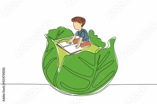Single one line drawing boy reading on green cabbage leaf. Delving into natural science during the holidays. Boy Reading Book at Vegetables and Fruits. Continuous line design graphic illustration