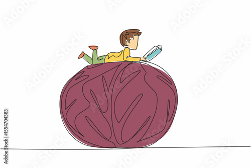 Single one line drawing boy reading on red cabbage. Read benefits of the ingredients contained in red cabbage. Boy Reading Book at Vegetables and Fruits. Continuous line design graphic illustration