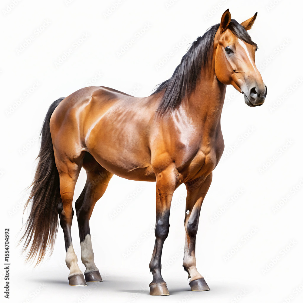 Fototapeta premium Majestic brown horse standing in graceful pose showcases its elegant form and strength on a plain white background.