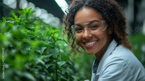 Confident female agricultural scientist checking plant health, wearing lab coat, safety glasses, standing in greenhouse, smiling