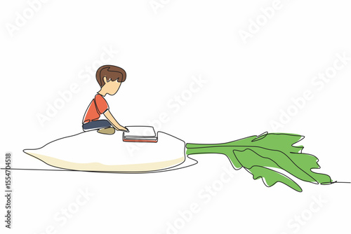 Single one line drawing boy reading on white radish with its leaves. Learn how to grow white radish without fail. Boy Reading Book at Vegetables and Fruits. Continuous line design graphic illustration