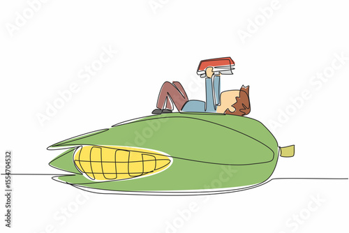 Single continuous line drawing boy reading on corn. Harvest sweet corn carefully according to procedure. Learn stages. Boy Reading Book at Vegetables and Fruits. One line design vector illustration