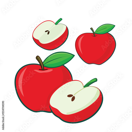 Red apples and halves with green leaves fruit leaf