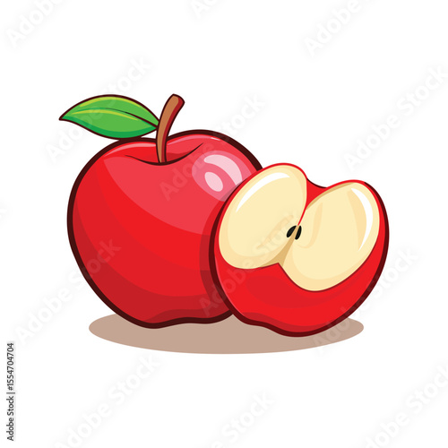 Red apple with leaf and slice fruit stem