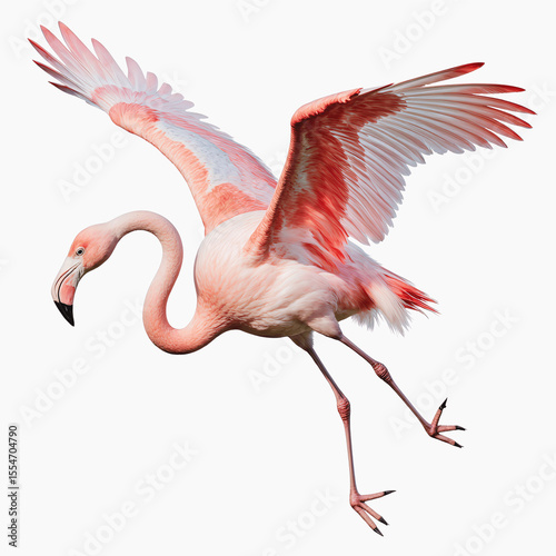Pink Flamingo in Flight: A vibrant pink flamingo gracefully takes flight, its wings fully extended, showcasing its elegant form and vibrant plumage.