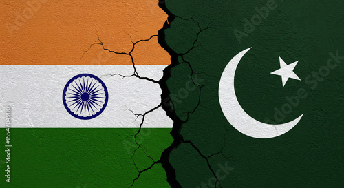 India and Pakistan flags depicted on cracked wall symbolize conflict and divided nations.
