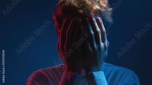 Vitamin deficiency effect. A person with hands on their face, expressing emotion in dramatic lighting.