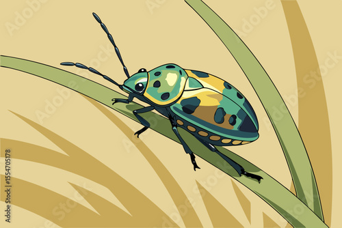 Vector close-up of colorful jewel bug perched on green leaf background