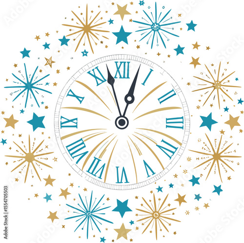 New year s eve clock face with fireworks and stars in teal and gold