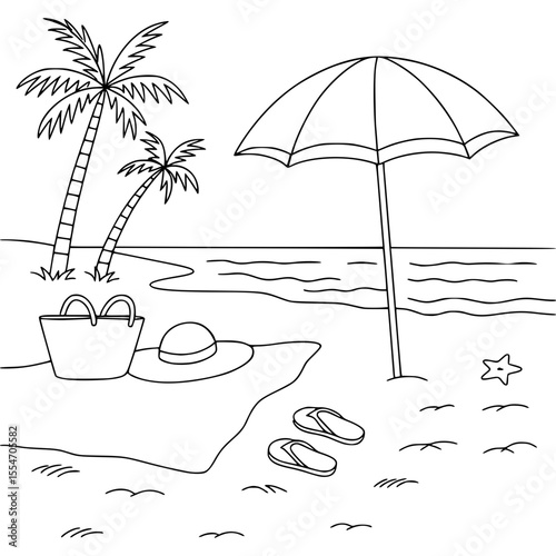 Beach scene line art with palm trees, umbrella, and sun hat
