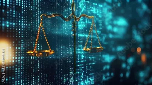 Gold scales of justice against a digital backdrop