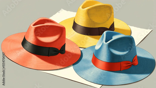 Stylish hats in vibrant colors, arranged artistically on a neutral background