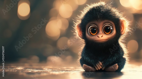 Adorable Baby Monkey with Big Eyes Sitting on Wooden Surface, Cute primate digital art, 3D rendered image