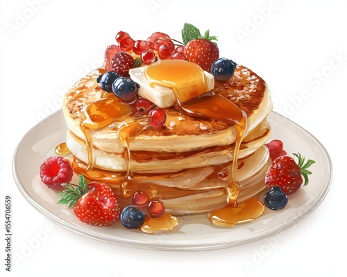 Pancakes Cartoon. Stack of Delicious Battercakes with Berries and Sweet Honey Syrup on Isolated White Plate