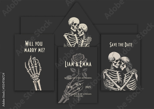 Wedding invitation with skeleton lovers. Save the date. Wedding illustration. Vector Illustration with Skulls of Bride and Groom.