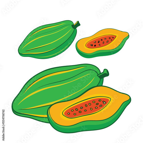 Green and yellow papayas with orange flesh and seeds fruit