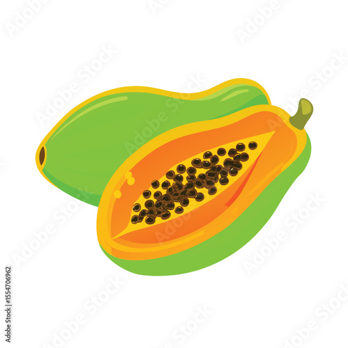 Green and orange papaya fruit with black seeds yellow