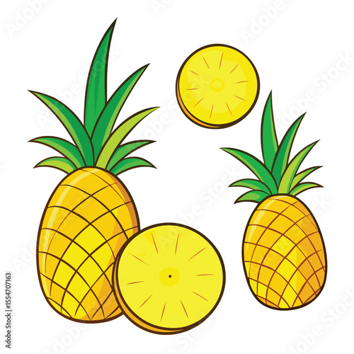 Yellow pineapples green leaves sliced fruit vector illustration tropical