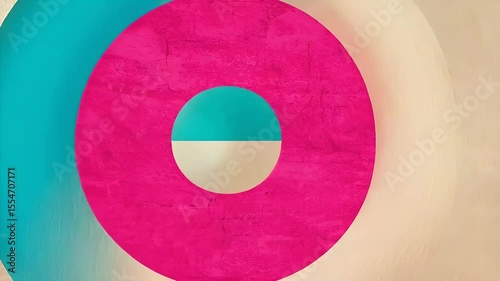 Vibrant abstract composition featuring bold pink and turquoise circular shapes and smooth gradients.