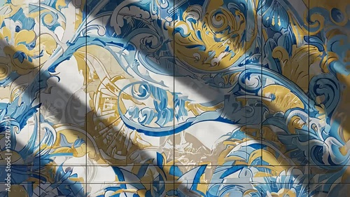 Intricate blue and gold tile design with abstract patterns and shadows creating texture.