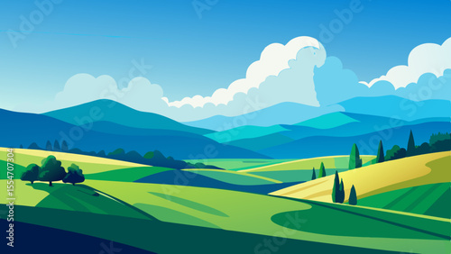 Stylized rolling green hills and blue mountains under a cloudy sky