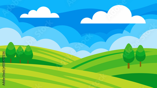 Stylized green rolling hills with trees under a bright blue sky and clouds
