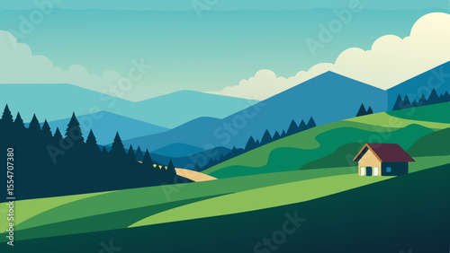 Serene mountain landscape with a small cabin nestled on a green hill