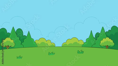 Cartoon landscape with green grass trees and fluffy clouds in a blue sky