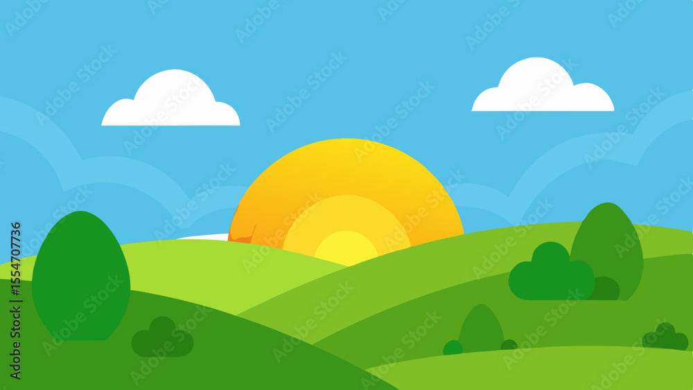 Fototapeta premium Bright sunny day over rolling green hills and blue sky