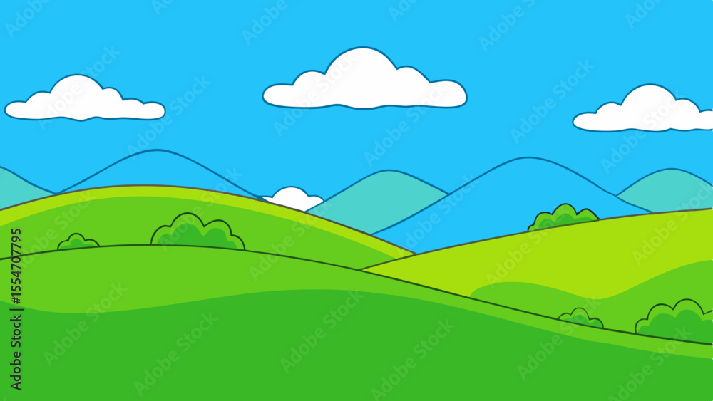 Fototapeta premium Vibrant cartoon landscape with rolling green hills and blue mountains under a clear sky