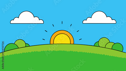 Bright cartoon sunrise over green hills with fluffy clouds in blue sky