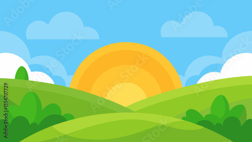 Stylized cartoon landscape with rolling green hills under a bright sun and blue sky